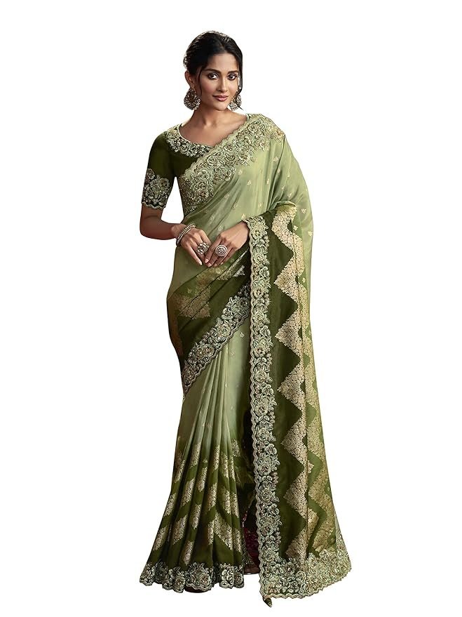 81Tk-A+SBLL._SY879_ Women's Jacquard Silk Embroidery border work Saree with Heavy work Unstitch Blouse Piece - Image 1