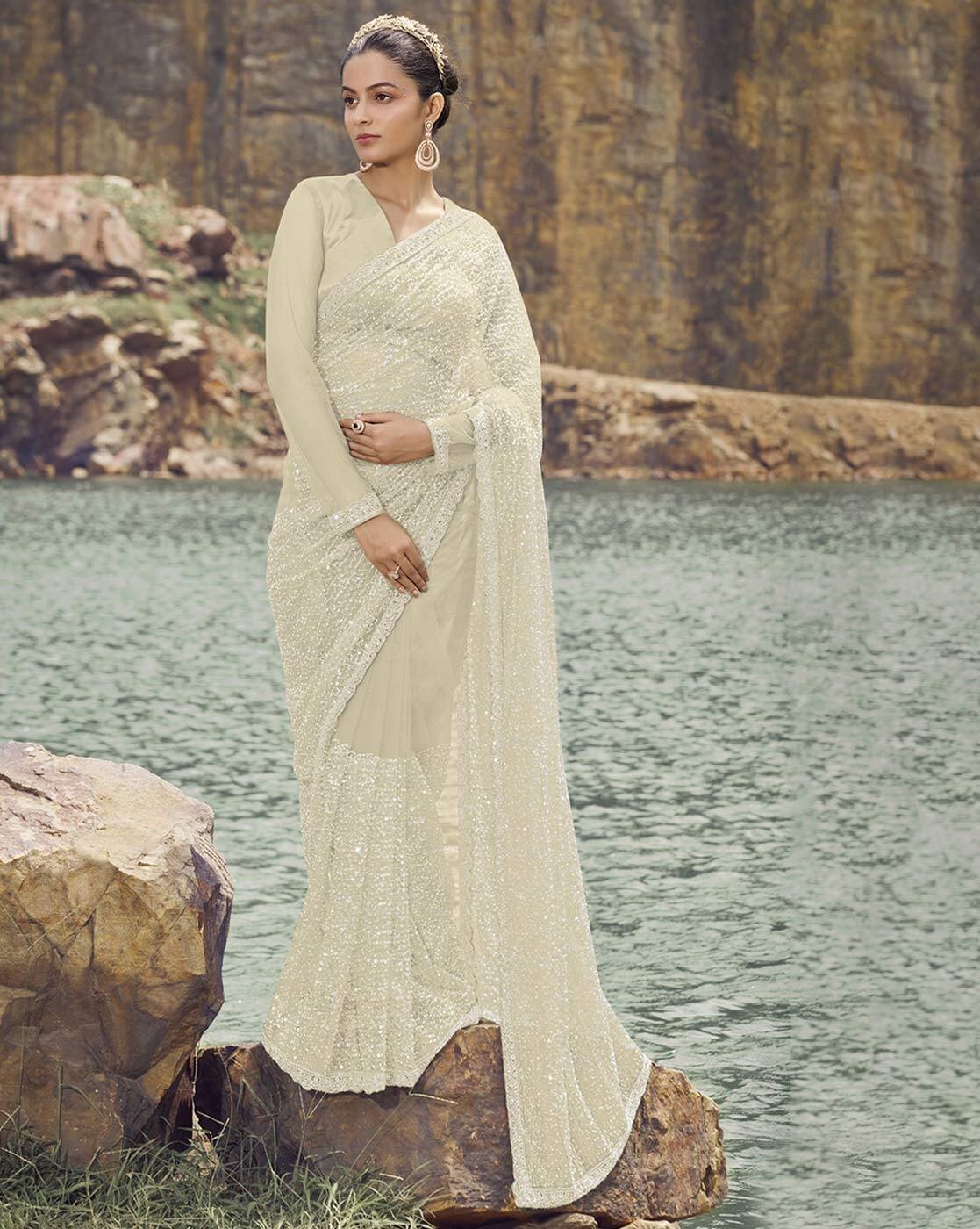 -1117Wx1400H-701178220-cream-MODEL Women Premium Fashion Ethnic Traditional Saree - Image 1